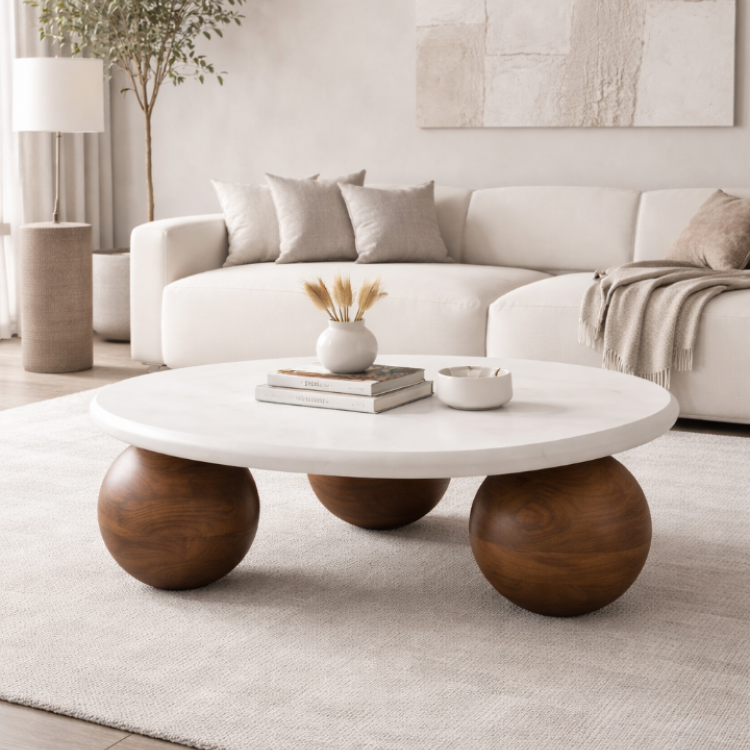 Modern Tasarım Masif Ahşap Top Ayaklı Orta Sehpa – Doğal & Şık Modern Tasarım Masif Ahşap Top Ayaklı Orta Sehpa – Doğal & Şık