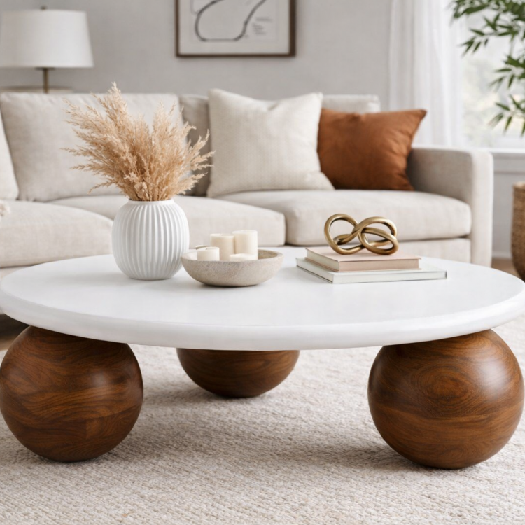 Modern Tasarım Masif Ahşap Top Ayaklı Orta Sehpa – Doğal & Şık Modern Tasarım Masif Ahşap Top Ayaklı Orta Sehpa – Doğal & Şık