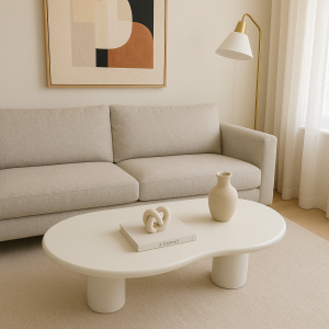 Modern Organik Form Masif Orta Sehpa – Minimal Tasarım, Oval Beyaz Salon Sehpası