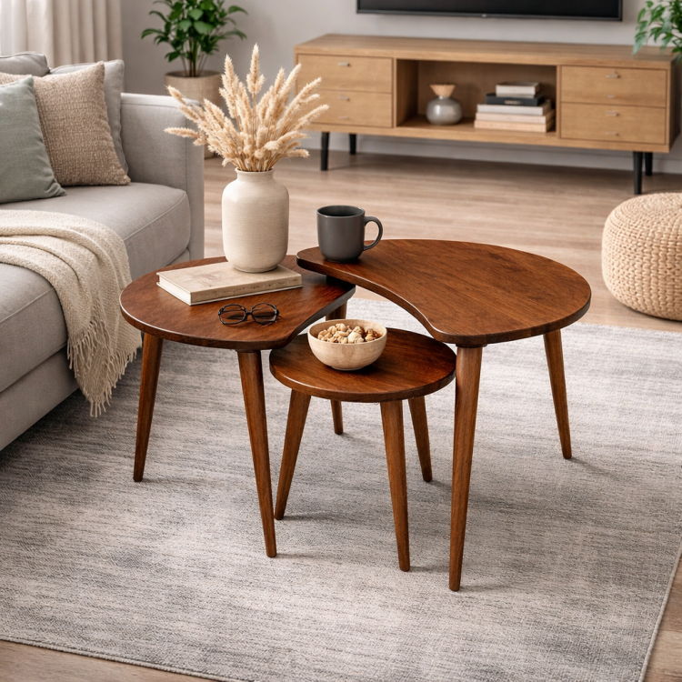  Masif Gürgen Ağacı 3’lü Zigon Sehpa Seti | Modern ve Şık Orta Sehpa Takımı