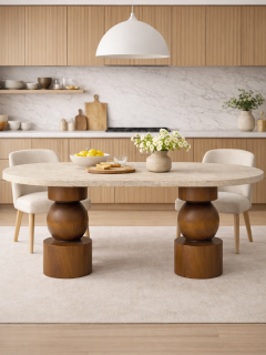 Modern Tasarım Traverten Üstlü Masif Ahşap Torna Ayaklı Yemek Masası 160x90cm Modern Tasarım Traverten Üstlü Masif Ahşap Torna Ayaklı Yemek Masası 160x90cm