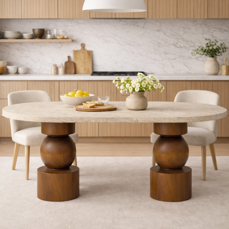 Modern Tasarım Traverten Üstlü Masif Ahşap Torna Ayaklı Yemek Masası 180x80cm 