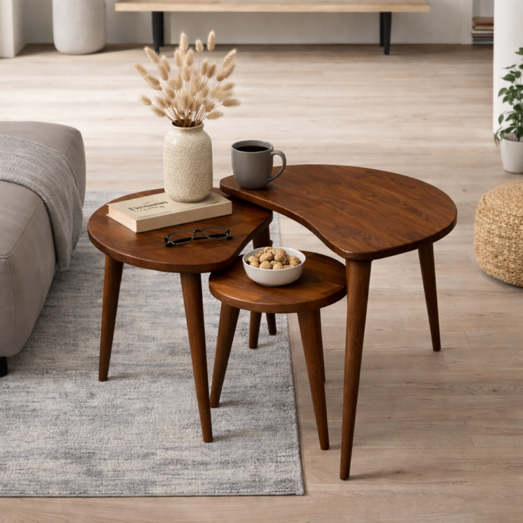  Masif Gürgen Ağacı 3’lü Zigon Sehpa Seti | Modern ve Şık Orta Sehpa Takımı