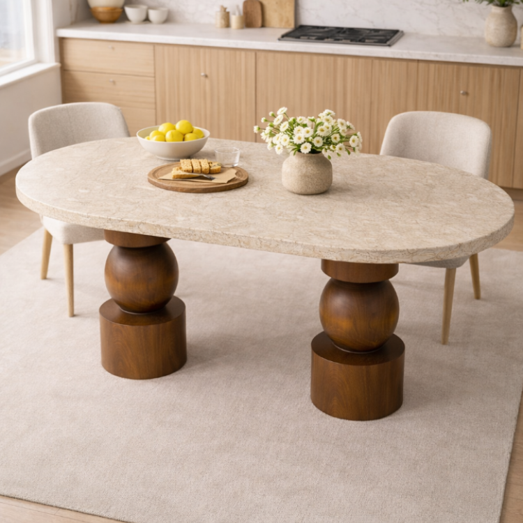 Modern Tasarım Traverten Üstlü Masif Ahşap Torna Ayaklı Yemek Masası 180x80cm 