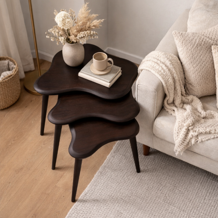 A+Plus Masif Gürgen Ağacı 3’lü Zigon Sehpa | El İşçiliği Doğal Ahşap Modern Tasarım Modern Yan Sehpa